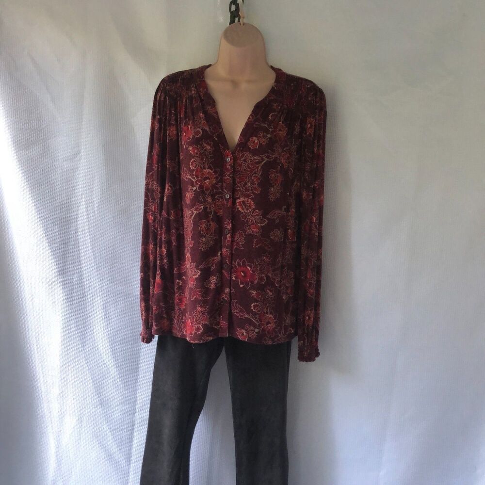 Knox Rose Women's L Knit V-Neck Button Up Top Burgundy Floral Boho - Picture 3 of 14